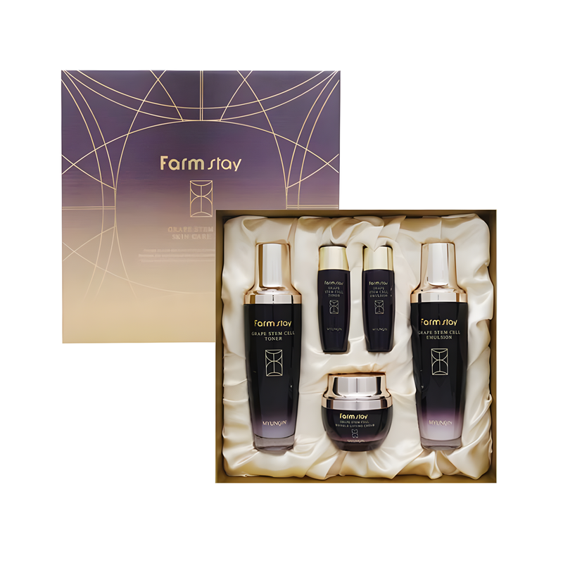 Gift set, Skin elasticity and barrier, Pigmenation/brightening/post-acne, სასაჩუქრე ნაკრები, ელასტიურობა და ბარიერი, პიგმენაცია/პოსტ-აკნე, Farmstay, Farmstay Grape Stem Cell Skin Care 3 Set, Beauty Bar, Korean Cosmetics, ბიუთი ბარი, კორეული კოსმეტიკა, Farmstay ყურძნის ღეროვანი უჯრედების კანის მოვლის 3 ეტაპიანი ნაკრები