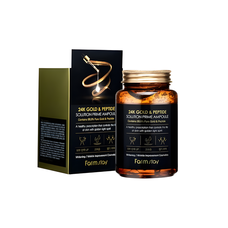 Serum, Face care, Pigmenation/brightening/post-acne, Skin elasticity and barrier, შრატი, სახის მოვლა, პიგმენაცია/პოსტ-აკნე, ელასტიურობა და ბარიერი, Farmstay, Farmstay 24K Gold And Peptide Solution Prime Ampoule, Beauty Bar, Korean Cosmetics, ბიუთი ბარი, კორეული კოსმეტიკა, Farmstay 24K ოქროს და პეპტიდის პრემიერ ამპულა