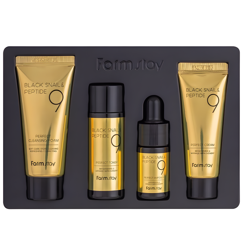 Gift set, Pigmenation/brightening/post-acne, Skin elasticity and barrier, სასაჩუქრე ნაკრები, პიგმენაცია/პოსტ-აკნე, ელასტიურობა და ბარიერი, Farmstay, Farmstay Black Snail And Peptide9 Perfect 4 Step Mini Kit Edition, Beauty Bar, Korean Cosmetics, ბიუთი ბარი, კორეული კოსმეტიკა, Farmstay შავი ლოკოკინას და 9 პეპტიდების 4 საფეხურიანი მინი ნაკრები