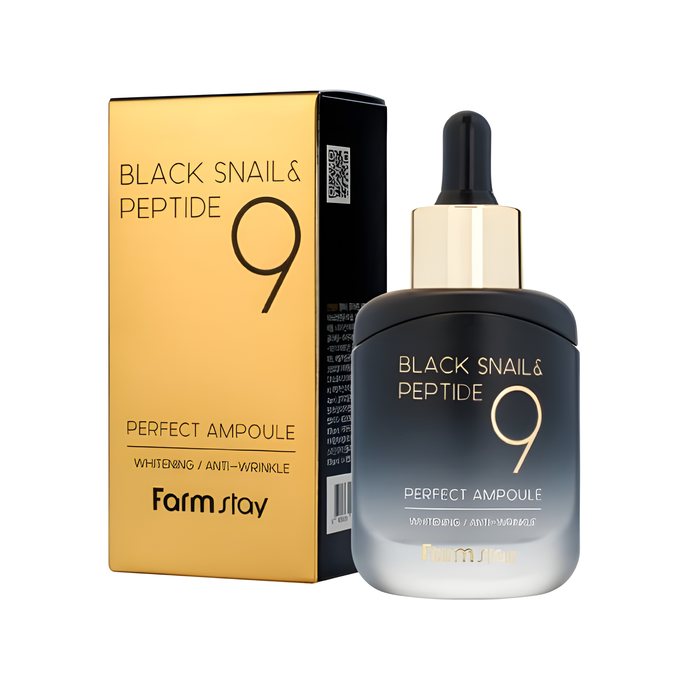 Serum, Face care, Pigmenation/brightening/post-acne, Skin elasticity and barrier, შრატი, სახის მოვლა, პიგმენაცია/პოსტ-აკნე, ელასტიურობა და ბარიერი, Farmstay, Farmstay Black Snail And Peptide9 Perfect Ampoule, Beauty Bar, Korean Cosmetics, ბიუთი ბარი, კორეული კოსმეტიკა, Farmstay შავი ლოკოკინას და 9 პეპტიდის შრატი