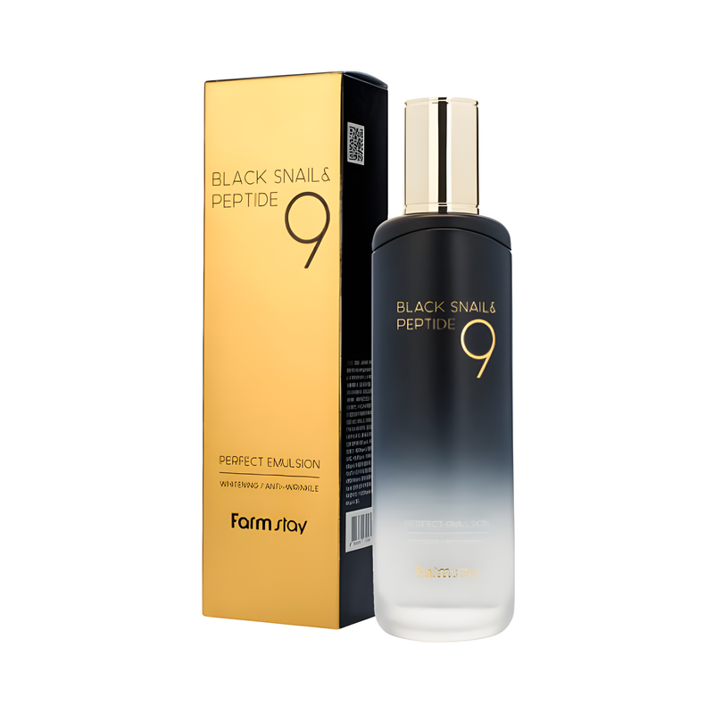 Emulsion, Face care, Pigmenation/brightening/post-acne, Skin elasticity and barrier, ემულსია, სახის მოვლა, პიგმენაცია/პოსტ-აკნე, ელასტიურობა და ბარიერი, Farmstay, Farmstay Black Snail And Peptide9 Perfect Emulsion, Beauty Bar, Korean Cosmetics, ბიუთი ბარი, კორეული კოსმეტიკა, Farmstay შავი ლოკოკინას და 9 პეპტიდების ემულსია