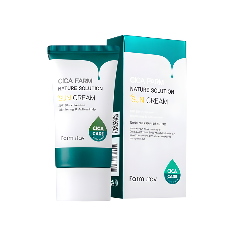 Sunscreen, Face care, Hydration/Moisturization, Acne/pores/sebum, Pigmenation/brightening/post-acne, მზისგან დამცავი, სახის მოვლა, დატენიანება, აკნე/ფორები/სებუმი, პიგმენაცია/პოსტ-აკნე, Farmstay, Farmstay Cica Farm Nature Solution Sun Cream, Beauty Bar, Korean Cosmetics, ბიუთი ბარი, კორეული კოსმეტიკა, Farmstay ცენტელას მზისგან დამცავი კრემი