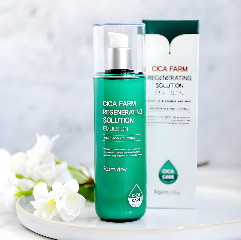 Emulsion, Face care, Hydration/Moisturization, Acne/pores/sebum, Pigmenation/brightening/post-acne, ემულსია, სახის მოვლა, დატენიანება, აკნე/ფორები/სებუმი, პიგმენაცია/პოსტ-აკნე, Farmstay, Farmstay Cica Farm Regenerating Solution Emulsion, Beauty Bar, Korean Cosmetics, ბიუთი ბარი, კორეული კოსმეტიკა, Farmstay ცენტელას აღმდგენი ემულსია