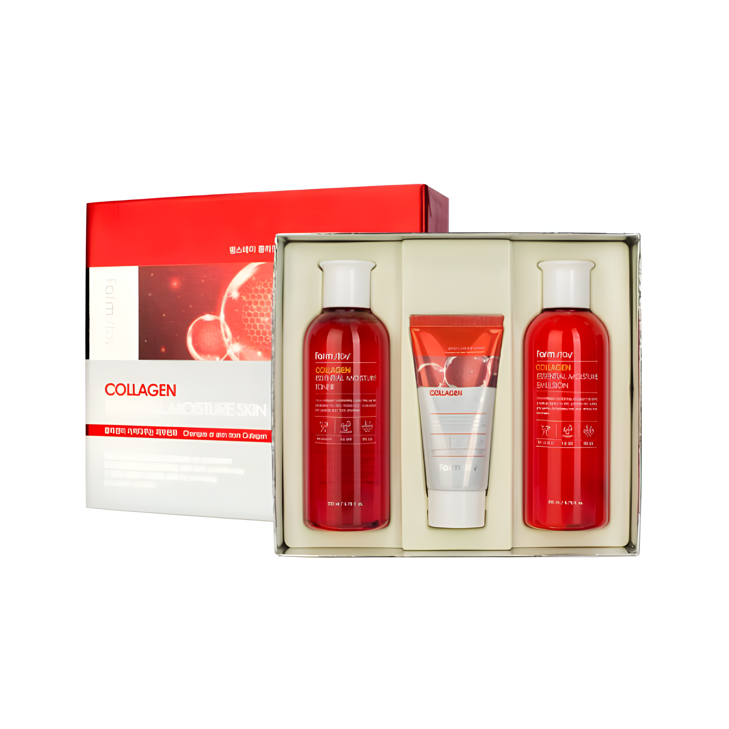 Gift set, Anti-age, Skin elasticity and barrier, სასაჩუქრე ნაკრები, ასაკობრივი, ელასტიურობა და ბარიერი, Farmstay, Farmstay Collagen Essential Moisture Skin Care 3Set, Beauty Bar, Korean Cosmetics, ბიუთი ბარი, კორეული კოსმეტიკა, Farmstay კოლაგენის კანის დამატენიანებელი მოვლის 3 საფეხურიანი ნაკრები