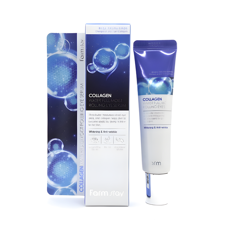 Eye serum, Eye care, Anti-age, Skin elasticity and barrier, თვალის შრატი, თვალის მოვლა, ასაკობრივი, ელასტიურობა და ბარიერი, Farmstay, Farmstay Collagen Water Full Moist Rolling Eye Serum, Beauty Bar, Korean Cosmetics, ბიუთი ბარი, კორეული კოსმეტიკა, Farmstay კოლაგენის დამატენიანებელი თვალის შრატი