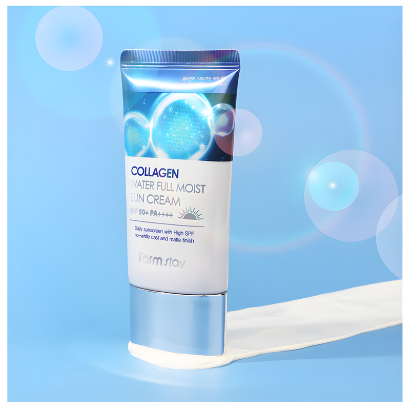 Sunscreen, Face care, Anti-age, Sun protection, მზისგან დამცავი, სახის მოვლა, ასაკობრივი, მზისგან დამცავი, Farmstay, Farmstay Collagen Water Full Moist Sun Cream, Beauty Bar, Korean Cosmetics, ბიუთი ბარი, კორეული კოსმეტიკა, Farmstay კოლაგენის დამატენიანებელი მზისგან დამცავი კრემი