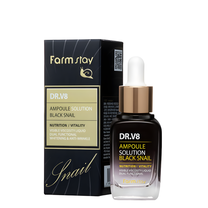 Serum, Face care, Anti-age, Hydration/Moisturization, შრატი, სახის მოვლა, ასაკობრივი, დატენიანება, Farmstay, Farmstay Dr-V8 Ampoule Solution Black Snail, Beauty Bar, Korean Cosmetics, ბიუთი ბარი, კორეული კოსმეტიკა, Farmstay Dr-V8 შავი ლოკოკინას შრატი