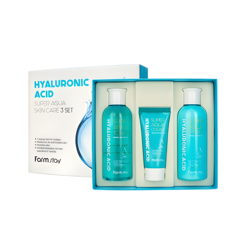 Gift set, Hydration/Moisturization, სასაჩუქრე ნაკრები, დატენიანება, Farmstay, Farmstay Hyaluronic Acid Super Aqua Skin Care 3 Set, Beauty Bar, Korean Cosmetics, ბიუთი ბარი, კორეული კოსმეტიკა, Farmstay ჰიალურონის შემცველობის სუპერ აქუა 3 ეტაპიანი ნაკრები