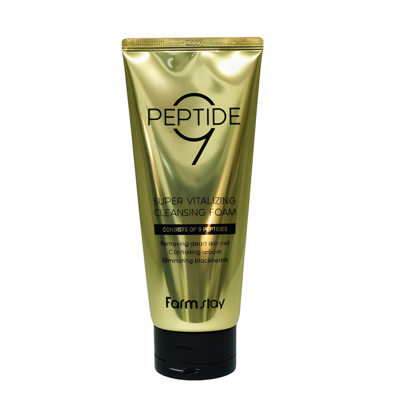 Cleanser, Face care, Pigmenation/brightening/post-acne, Skin elasticity and barrier, დასაბანი ქაფი, სახის მოვლა, პიგმენაცია/პოსტ-აკნე, ელასტიურობა და ბარიერი, Farmstay, Farmstay Peptide9 Super Vitalizing Cleansing Foam, Beauty Bar, Korean Cosmetics, ბიუთი ბარი, კორეული კოსმეტიკა, Farmstay 9 პეპტიდების გამწმენდი ქაფი