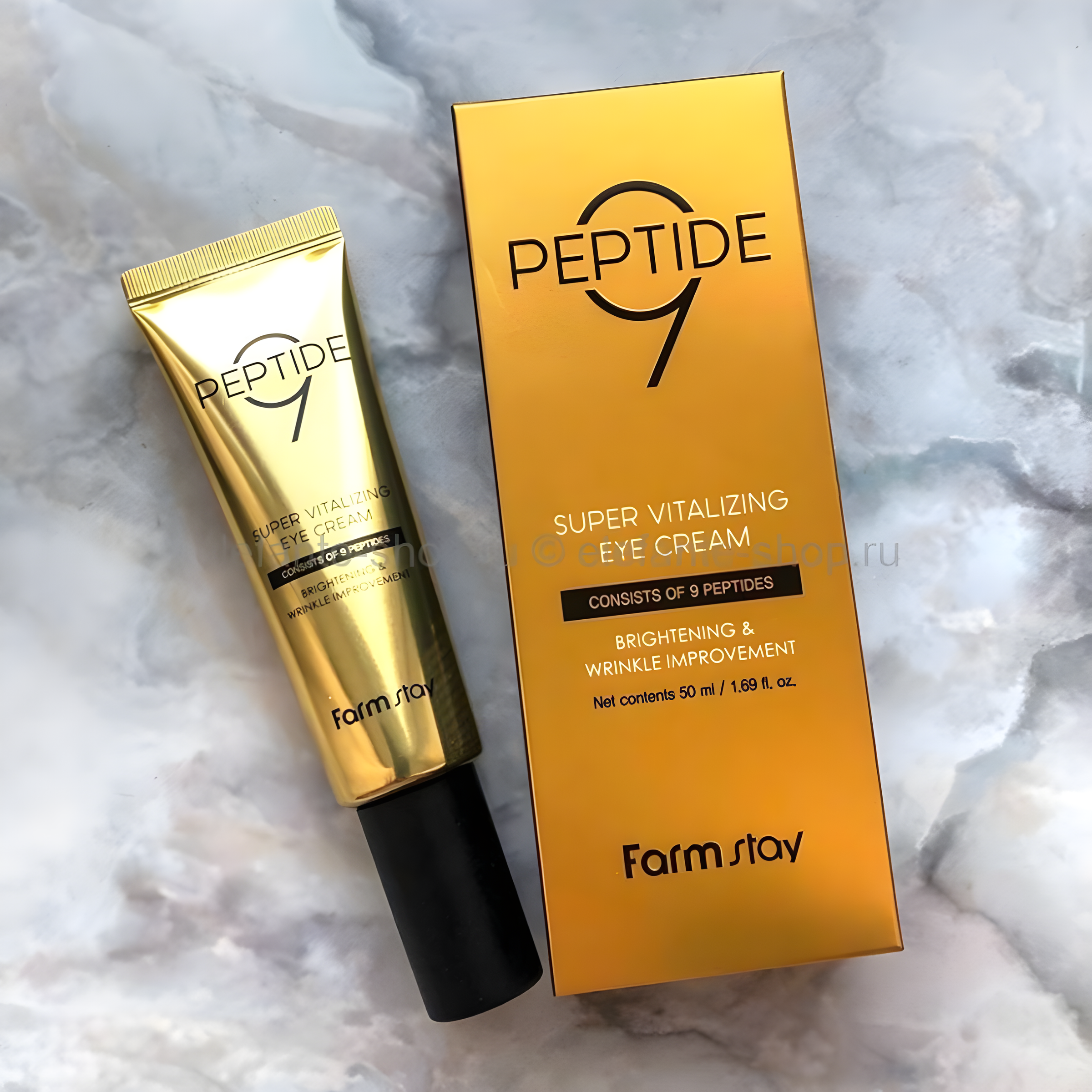 Eye cream, Eye care, Pigmenation/brightening/post-acne, Skin elasticity and barrier, თვალის კრემი, თვალის მოვლა, პიგმენაცია/პოსტ-აკნე, ელასტიურობა და ბარიერი, Farmstay, Farmstay Peptide9 Super Vitalizing Eye Cream, Beauty Bar, Korean Cosmetics, ბიუთი ბარი, კორეული კოსმეტიკა, Farmstay 9 პეპტიდის გამაცოცხლებელი თვალის კრემი