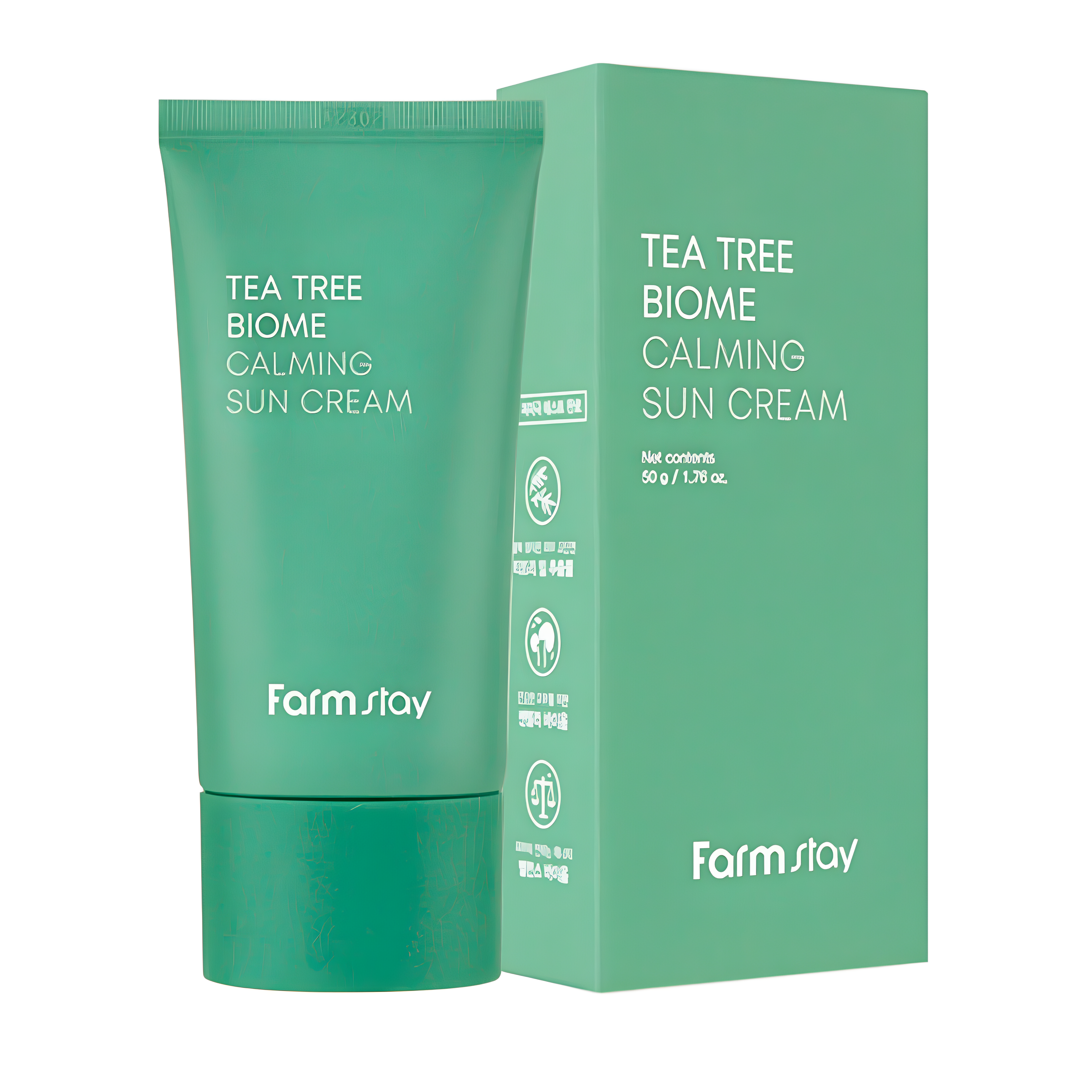 Sunscreen, Face care, Sun protection, Anti-age, მზისგან დამცავი, სახის მოვლა, მზისგან დამცავი, ასაკობრივი, Farmstay, Farmstay Tea Tree Biome Calming Sun Cream, Beauty Bar, Korean Cosmetics, ბიუთი ბარი, კორეული კოსმეტიკა, Farmstay ჩაის ხის დამამშვიდებელი მზის კრემი