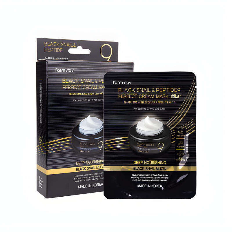 Face cream, Face care, Pigmenation/brightening/post-acne, Skin elasticity and barrier, სახის კრემი, სახის მოვლა, პიგმენაცია/პოსტ-აკნე, ელასტიურობა და ბარიერი, Farmstay, Farmstay Black Snail And Peptide9 Perfect Cream Mask, Beauty Bar, Korean Cosmetics, ბიუთი ბარი, კორეული კოსმეტიკა, Farmstay შავი ლოკოკინა და 9 პეპტიდის კრემ-ნიღაბი
