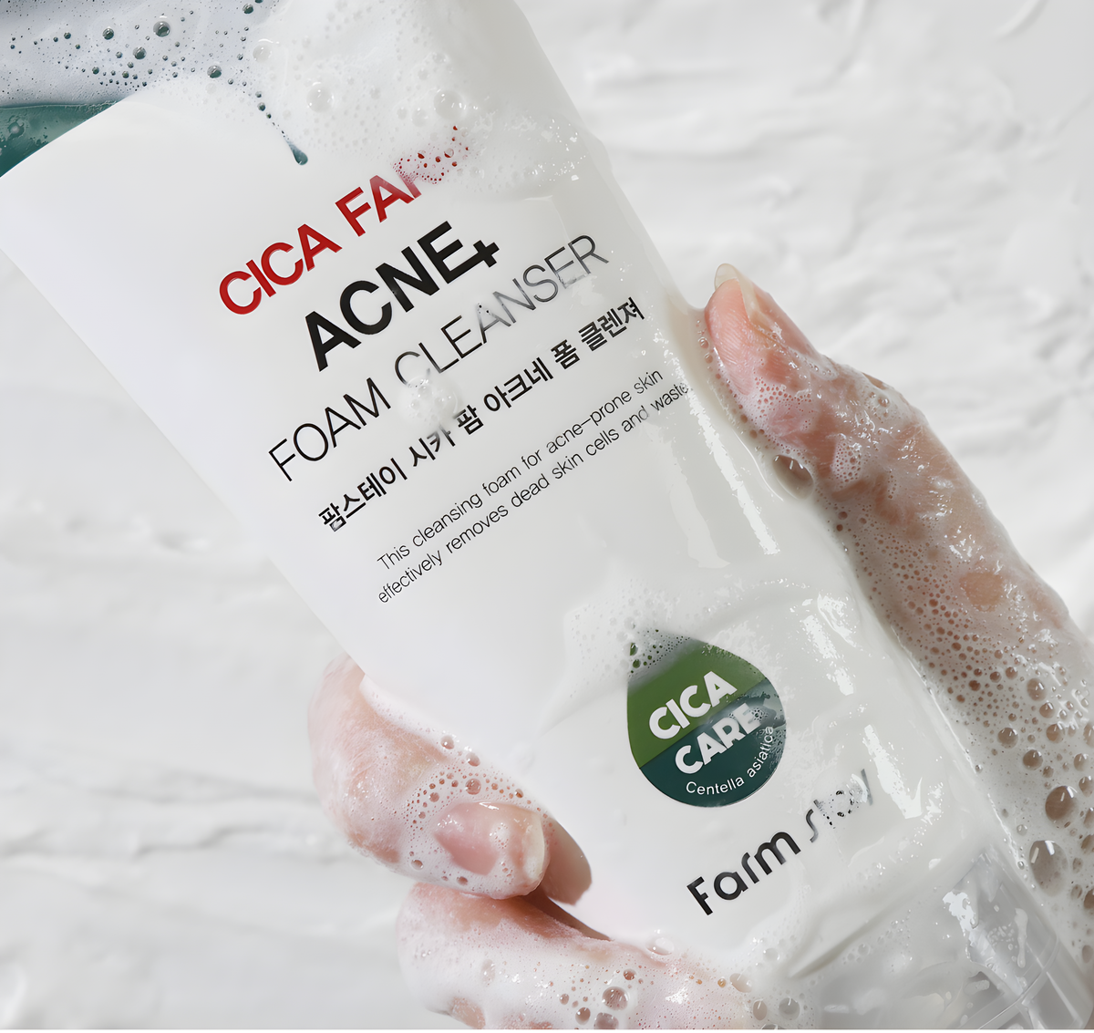 Cleanser, Face care, Hydration/Moisturization, Acne/pores/sebum, Pigmenation/brightening/post-acne, დასაბანი ქაფი, სახის მოვლა, დატენიანება, აკნე/ფორები/სებუმი, პიგმენაცია/პოსტ-აკნე, Farmstay, Farmstay Cica Farm Acne Foam Cleanser, Beauty Bar, Korean Cosmetics, ბიუთი ბარი, კორეული კოსმეტიკა, Farmstay ცენტელას აკნეს საწინააღმდეგო გამწმენდი ქაფი