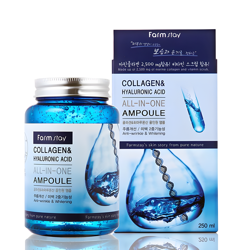 Serum, Face care, Pigmenation/brightening/post-acne, Anti-age, შრატი, სახის მოვლა, პიგმენაცია/პოსტ-აკნე, ასაკობრივი, Farmstay, Farmstay Collagen And Hyaluronic Acid All-In-One Ampoule, Beauty Bar, Korean Cosmetics, ბიუთი ბარი, კორეული კოსმეტიკა, Farmstay კოლაგენისა და ჰიალურონის ყოველდღიური ამპულა