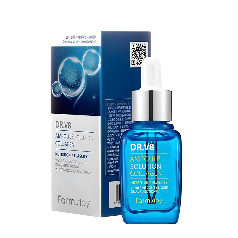 Serum, Face care, Anti-age, Hydration/Moisturization, შრატი, სახის მოვლა, ასაკობრივი, დატენიანება, Farmstay, Farmstay Dr-V8 Ampoule Solution Collagen, Beauty Bar, Korean Cosmetics, ბიუთი ბარი, კორეული კოსმეტიკა, FARMSTAY DR-V8 კოლაგენის დამატენიანებელი შრატი