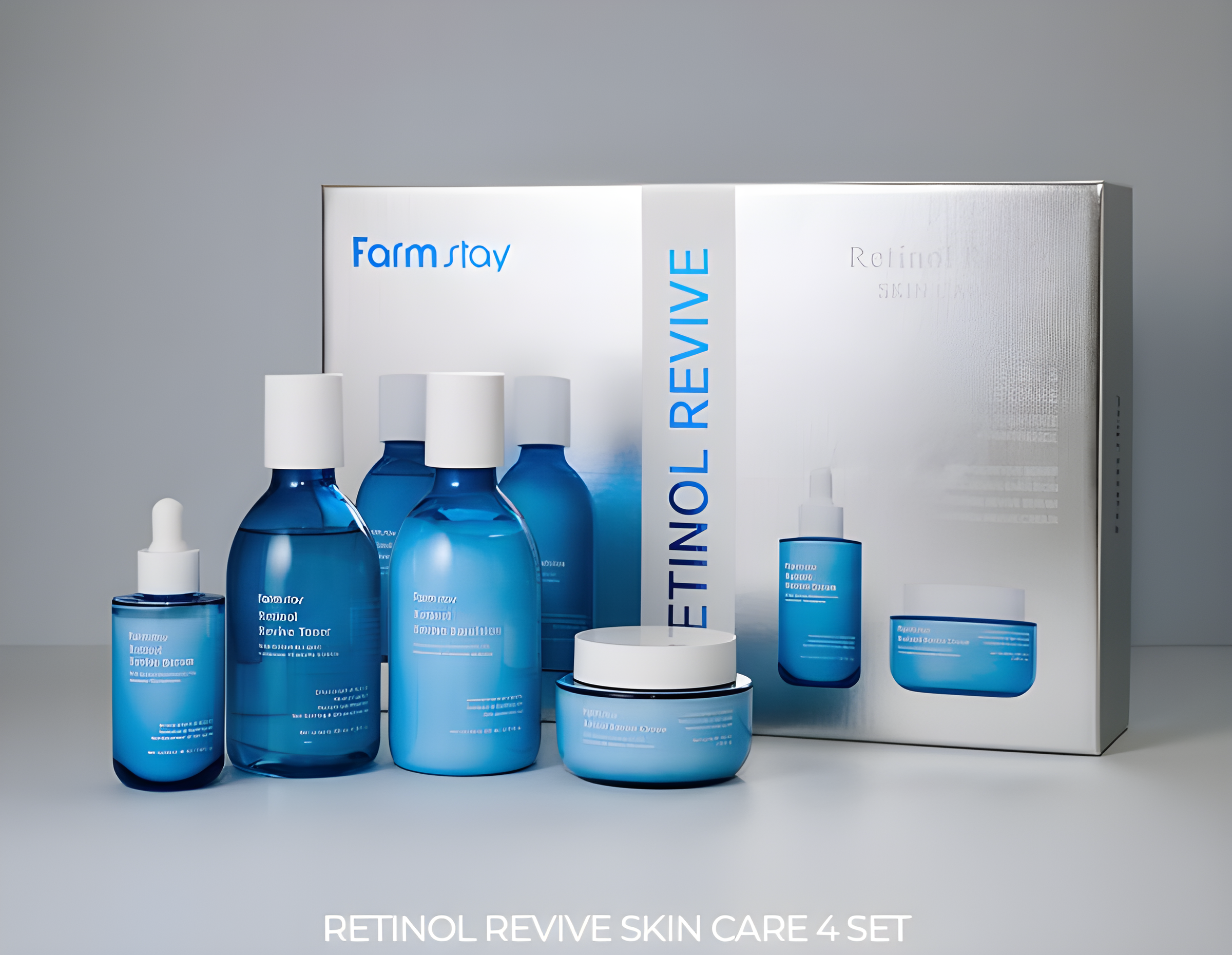 Gift set, Anti-age, Hydration/Moisturization, Acne/pores/sebum, Skin elasticity and barrier, სასაჩუქრე ნაკრები, ასაკობრივი, დატენიანება, აკნე/ფორები/სებუმი, ელასტიურობა და ბარიერი, Farmstay, Farmstay Retinol Revive Skin Care 4 Set, Beauty Bar, Korean Cosmetics, ბიუთი ბარი, კორეული კოსმეტიკა, Farmstay რეტინოლის 4 საფეხურიანი სახის მოვლის ნაკრები