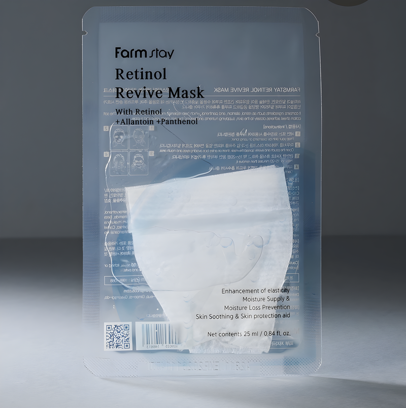Face mask, Face care, Anti-age, Pigmenation/brightening/post-acne, Skin elasticity and barrier, Acne/pores/sebum, სახის ნიღაბი, სახის მოვლა, ასაკობრივი, პიგმენაცია/პოსტ-აკნე, ელასტიურობა და ბარიერი, აკნე/ფორები/სებუმი, Farmstay, Farmstay Retinol Revive Mask, Beauty Bar, Korean Cosmetics, ბიუთი ბარი, კორეული კოსმეტიკა, Farmstay რეტინოლის სახის ნიღაბი