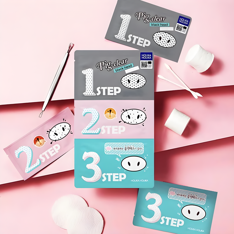 Face mask, Face care, Acne/pores/sebum, სახის ნიღაბი, სახის მოვლა, აკნე/ფორები/სებუმი, Holika Holika, Holika Holika Pig Clear Blackhead 3-Step Kit, Beauty Bar, Korean Cosmetics, ბიუთი ბარი, კორეული კოსმეტიკა, Holika Holika შავი წერტილების მოსაცილებელი 3-საფეხურიანი ნიღაბი