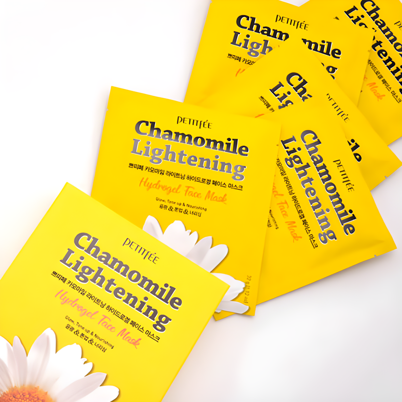 Face mask, Face care, Hydration/Moisturization, Sensitive/Calm, Pigmentation/post-acne, სახის ნიღაბი, სახის მოვლა, დატენიანება, მგრძნობიარე/დამშვიდება, პიგმენაცია/პოსტ-აკნე, Petitfee, Petitfee Hydrogel Face Mask Chamomile Lightening, Beauty Bar, Korean Cosmetics, ბიუთი ბარი, კორეული კოსმეტიკა, Petitfee ჰიდროგენული სახის ნიღაბი გამაღიავებელი გვირილა