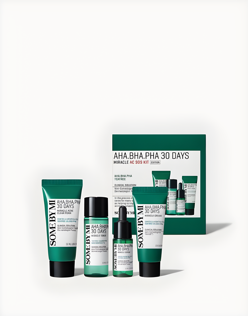 Gift set, Hydration/Moisturization, Acne/pores/sebum, Skin elasticity and barrier, სასაჩუქრე ნაკრები, დატენიანება, აკნე/ფორები/სებუმი, ელასტიურობა და ბარიერი, Some By Mi, Some By Mi Aha Bha Pha 30 Days Miracle Ac SOS Kit, Beauty Bar, Korean Cosmetics, ბიუთი ბარი, კორეული კოსმეტიკა, Some By Mi Aha Bha Pha 30 დღიანი აკნეს საწინააღმდეგო მინი ნაკრები